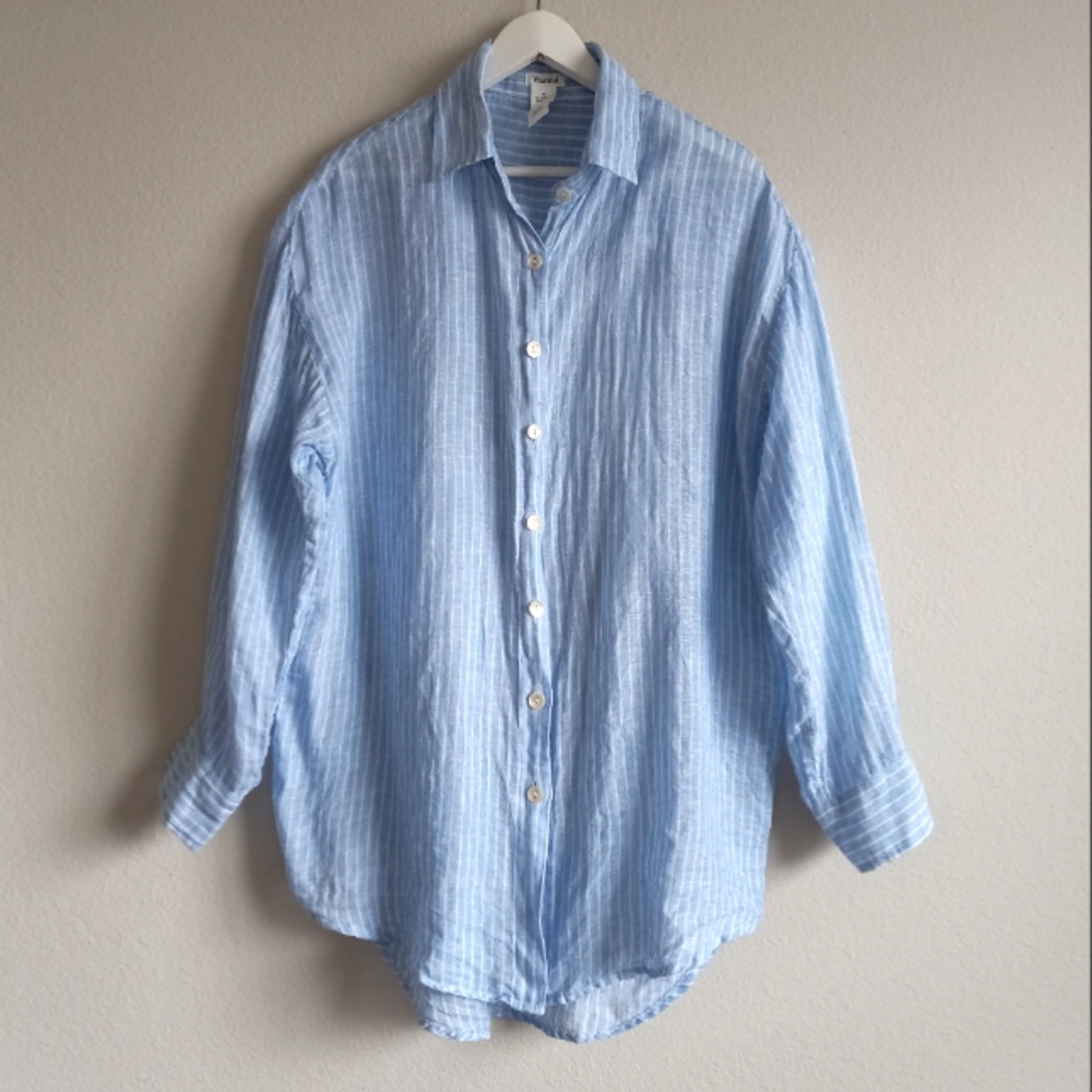 Vitamin A Playa Linen Boyfriend Shirt Summer Stripe EcoLinen M - Picture 5 of 16